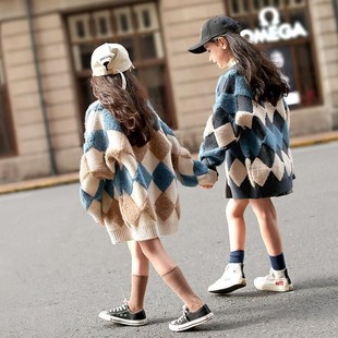 Haibin Children's Clothing Girls' Autumn and Winter Knitwear 2025 New Korean Style Medium and Large Children's Color-Block Argyle Mid-Length Sweater Jacket