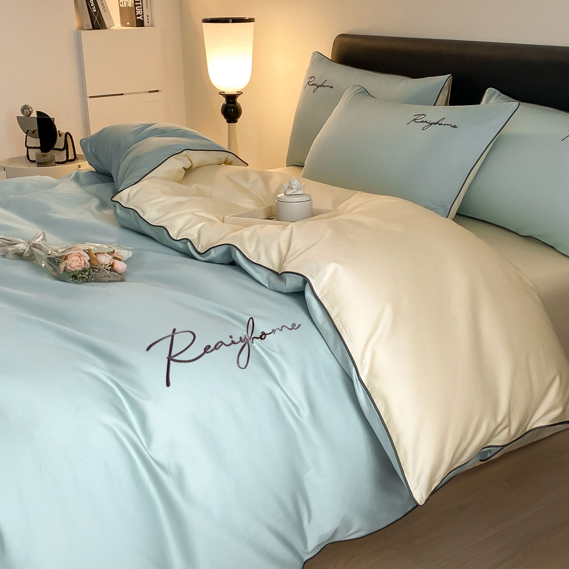 Azul cielo beige [tejido de algodón para dormir desnudo agradable para la piel] / Estilo de sábana de 0,9-1,2 m [funda de edredón: 150*200cm] juego de tres piezas