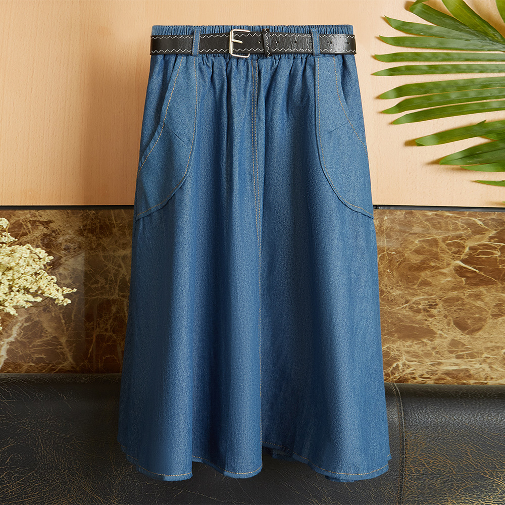 2025夏季新款女装口袋牛仔文艺中裙气质通勤纯色显瘦百褶裙JR9012