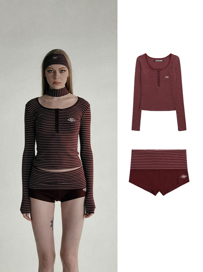 ブラッドブラッド柔らかいヘンリー襟長袖の細いストライプの上着の女性のアメリカのレトロなギャルの刺繍のファッションの2つのセット