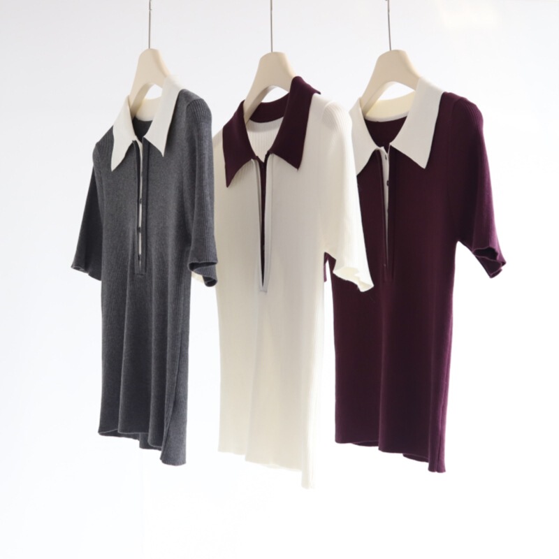Lyocell Contrast Polo Collar Half Open Collar Commuter Short Sleeve Knitwear Pullover Summer New Straight Top T-Shirt