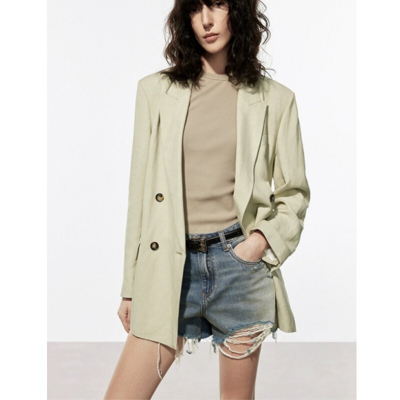 25Ss Yb Open/Closed Style 90% off Mo Linen Blend Unisex Padded Shoulder Slim Fit Lightweight Breathable Blazer for Women
