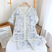 夏季女纯棉绉布V领口袋家居服水调蓝墨短袖长裤睡衣两件套批发
