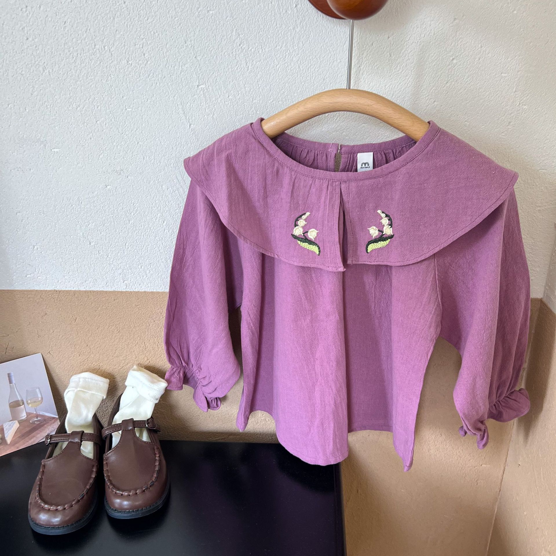 Campo DE TRIGO 2023 primavera y otoño nueva Corea del Sur camisa de cuello de muñeca para niños camisa de manga larga de encaje bordado