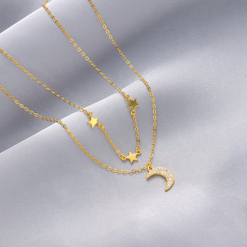 Moda fresca suéter cadena estilo coreano s925 plata esterlina ZIRCON estrella Luna joyería collar femenino nicho diseño colgante