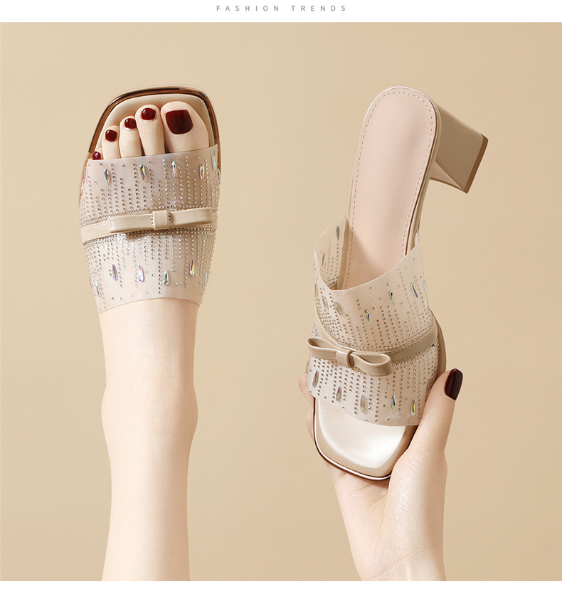Sandal cao gót nữ hở mũi phong cách Pháp đính sequin lấp lánh gót vuông 6 cm — 7215 Màu đen, 7215 màu mơ chi tiết 12