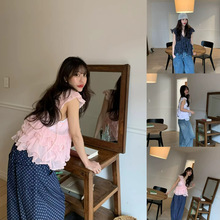 现 2025夏季新款韩国设计师ber*ha纯欲风荷叶边V领无袖上衣