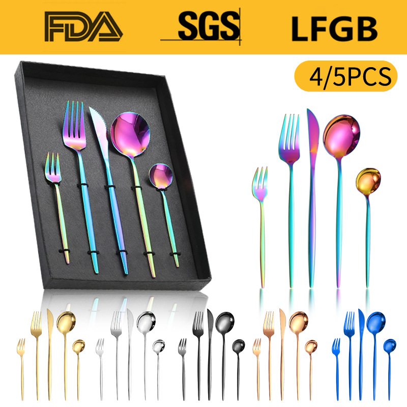 Portugal cuatro piezas principales caja de regalo comida occidental cuchillo, tenedor y cuchara traje Amazon vajilla de acero inoxidable 4/5 piezas traje