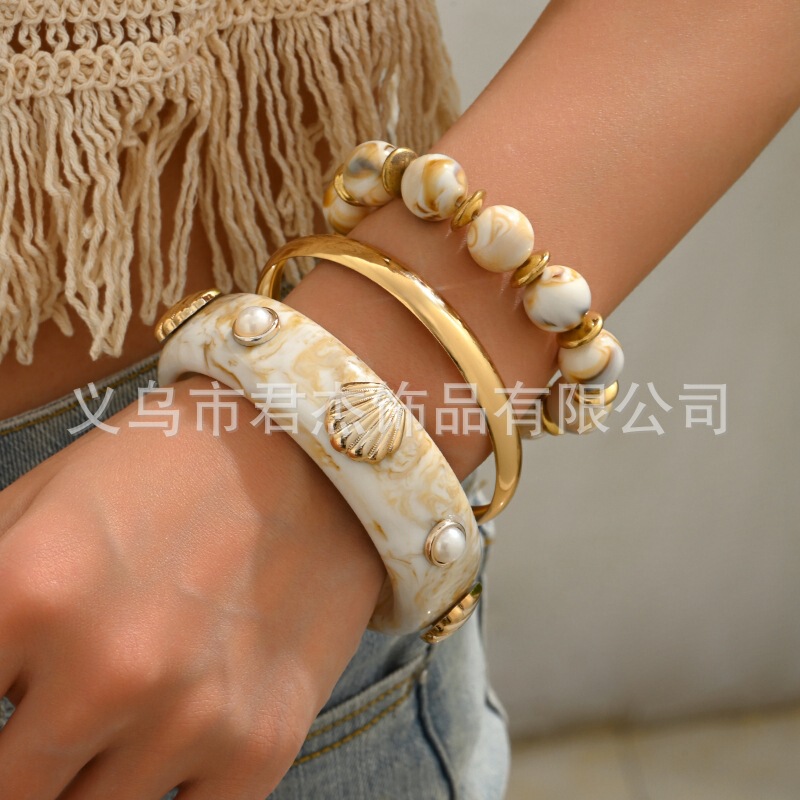 European and American Exaggerated Resin Beaded Women's Bracelet Set Cross-Border Popular Fashion Geometric Combination Stacked Bracelets and Bracelets