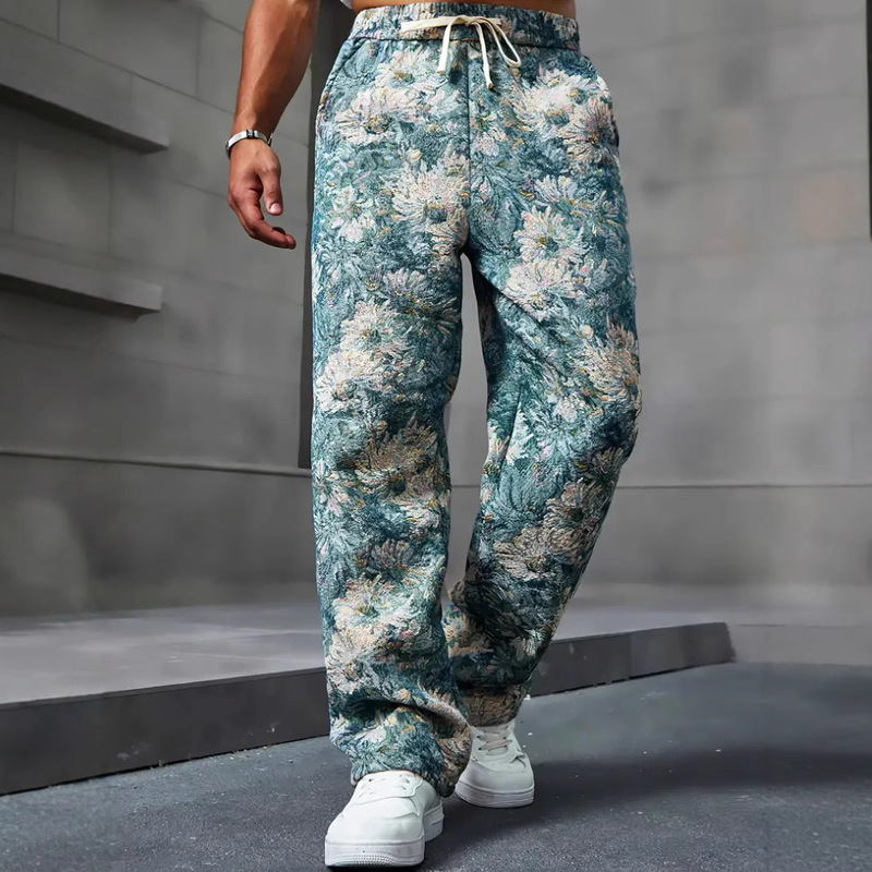 In-Stock Export Hot-Selling Men's Casual Pants with Fresh Chamomile Floral Print and Drawstring Waistband for Spring and Summer