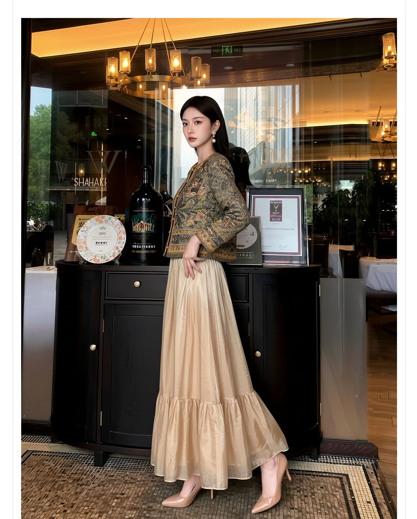 Bộ váy áo khoác + đầm maxi thắt eo phong cách Tân Trung Hoa, họa tiết jacquard nổi bật — nửa váy, Trang chủ, áo khoác chi tiết 4