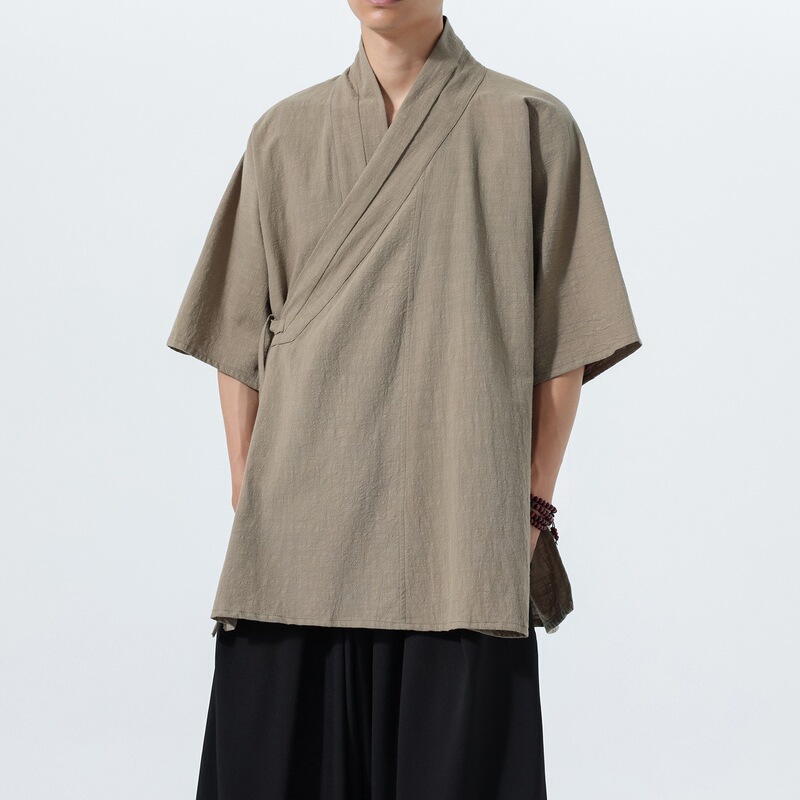 2026 Summer New Improved Hanfu Ming-Style Diagonal Collar Short Sleeve Men's Retro Cotton Linen Simple Chinese Style Tai Chi Suit