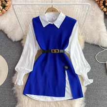 春季灯笼袖白色衬衫女装减龄甜美宽松遮肉开叉马甲毛衣叠穿两件套