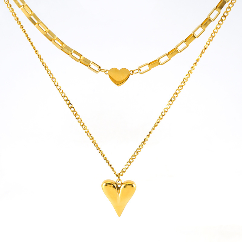 Nuova collana a doppio strato con cuore in acciaio al titanio, temperamento versatile, catena per clavicola in oro per donna_voghion.com