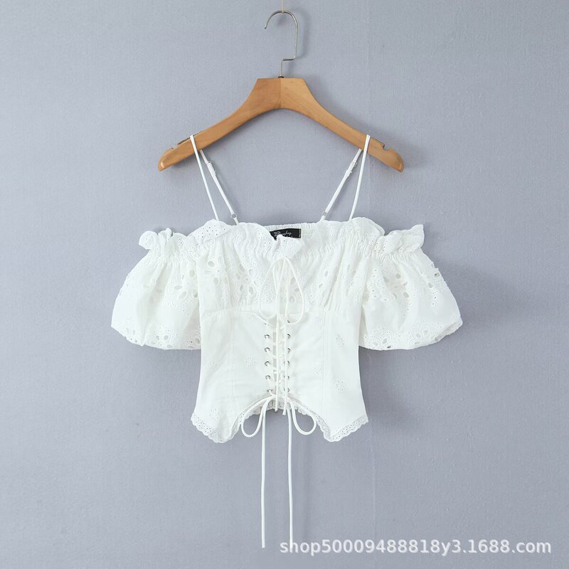 Purely Alluring French-Style Sweet Design with Hollow Embroidery, Off-Shoulder Lantern Sleeves, Waist-Cinching, Slimming Drawstring Halter Top Purely Alluring French-Style Sweet Design with Hollow Embroidery, Off-Shoulder Lantern Sleeves, Waist-Cinching, Slimming Drawstring Halter Top