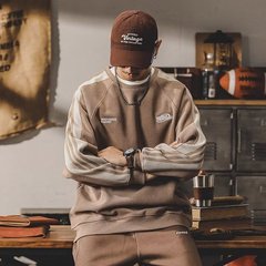 秋季条纹拼接撞色圆领卫衣男士重磅灯芯绒运动上衣宽松潮牌外套男