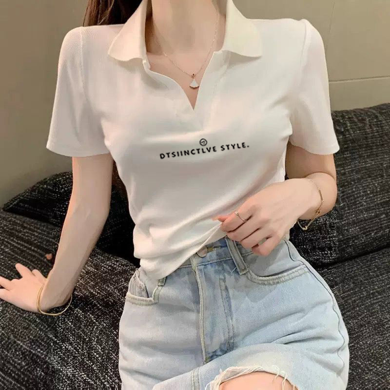 Cotton Polo Collar Ribbed Short Sleeve T-Shirt for Women, Summer Elegant V-Neck Slim Fit Curved Hem Versatile Short Top