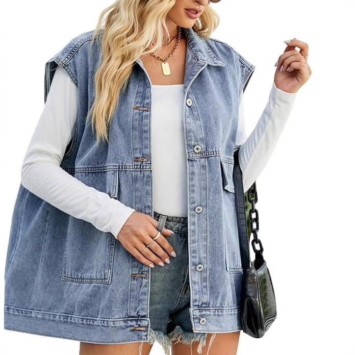 Cross-border Amazon TEMU women's oversized Denim vest medium-length jeans vest sleeveless jacket distressed vest