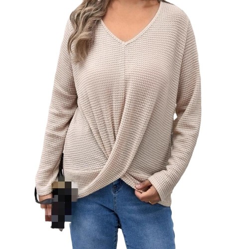 Western and Eastern winter honeycomb pure color V-neck long-sleeved loose casual base knit top