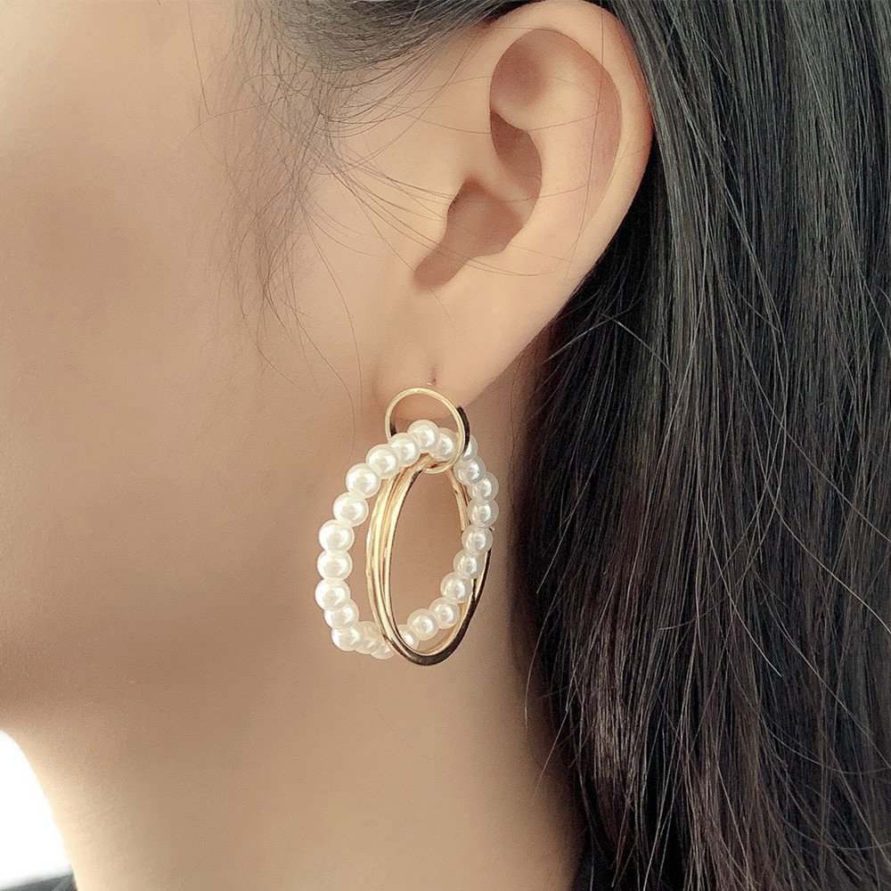 Ethnic style Hit color Beads overlapping Metal Earrings Retro temperament Imitation pearls Earrings