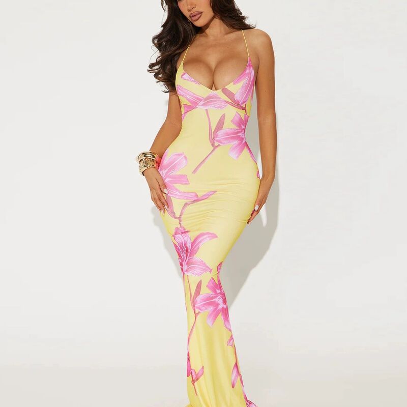 2026 Summer New Western-Style Printed V-Neck Mid-Waist Backless Hip-Revealing Fashionable Hot Girl Dress