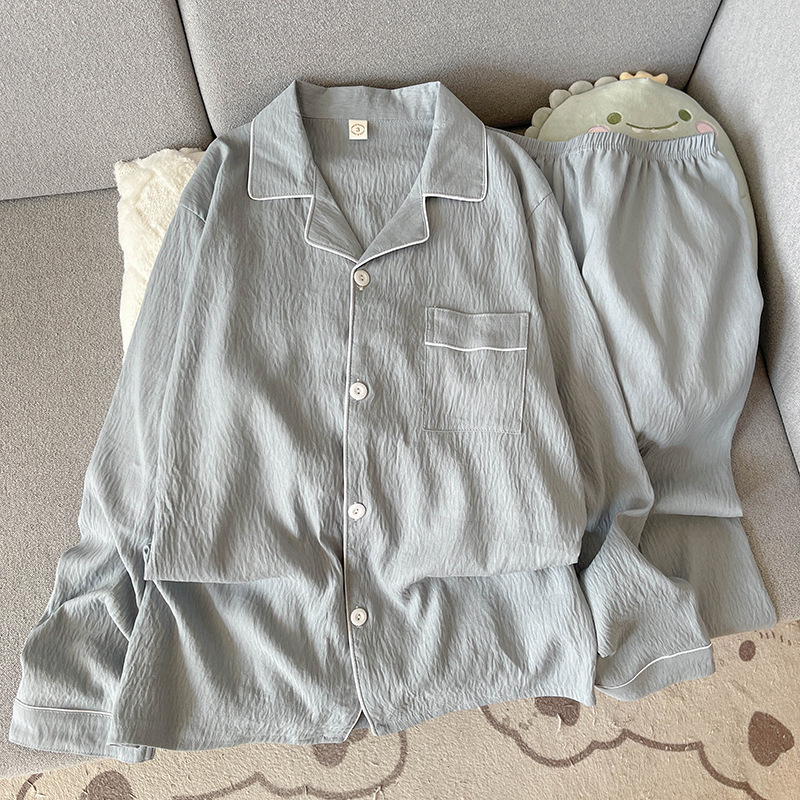 大码100%纯棉纱男士睡衣春秋款长袖简约黑色外穿家居服夏季套装|undefined