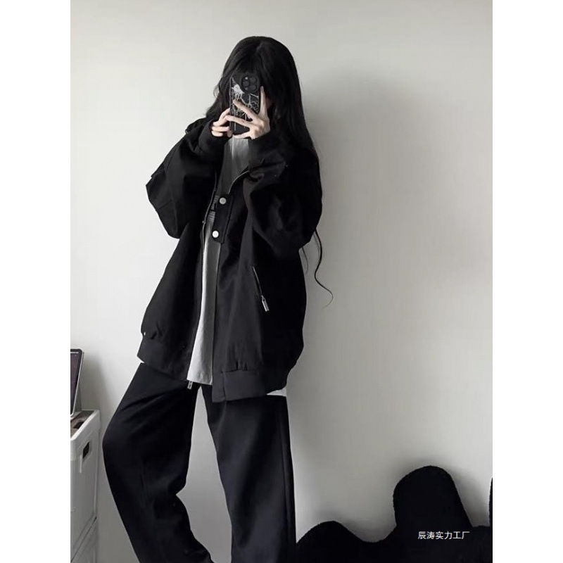 黑色外套女春秋款2025新款宽松休闲百搭翻领薄款夹克上衣棒球服潮