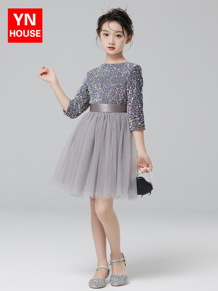 Vestidos para niños, vestidos de princesa de alta gama para niñas, vestidos de interpretación de piano gris, vestidos cortos de manga larga para niños