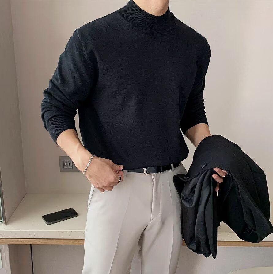 Half Turtleneck Knitwear Men's Trendy Brand Handsome Autumn and Winter Elastic Bottoming Shirt Men's Temperament Slim Top