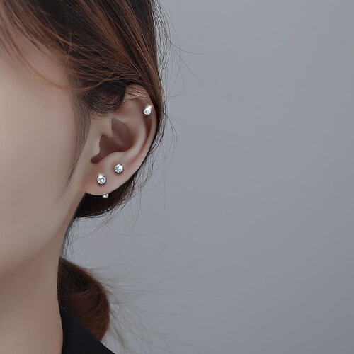 Sparkling Diamond Double-Head Ear Pin S925 Silver Needle Ear Bone Stud Screw Lock Silver Earrings Sleep Proof Removable Ear Piercing Jewelry