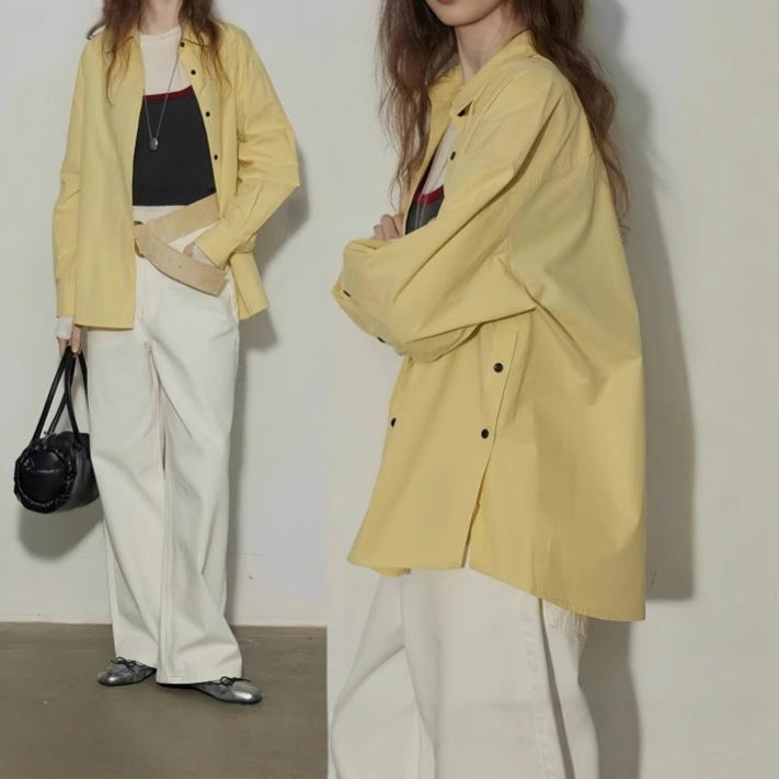 ゆったりとしたボタンのデザイン感のある白いシャツ女性冬の新作ファッション|undefined