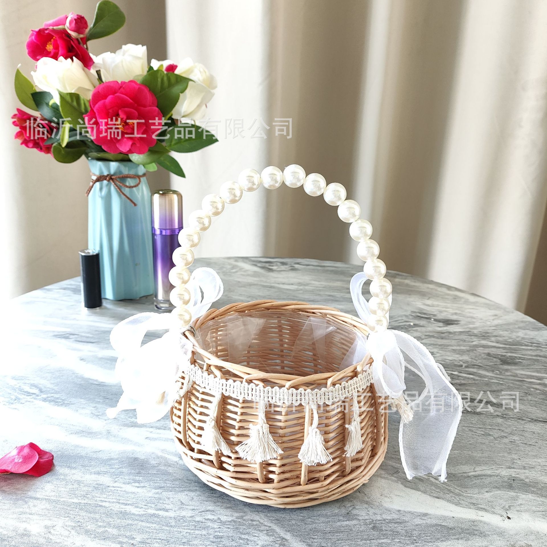 Regalo DE LA MANO perla princesa cesta sauce ratán tejida olla verde rosa flor niños foto cesta arco cinta portátil flor cesta