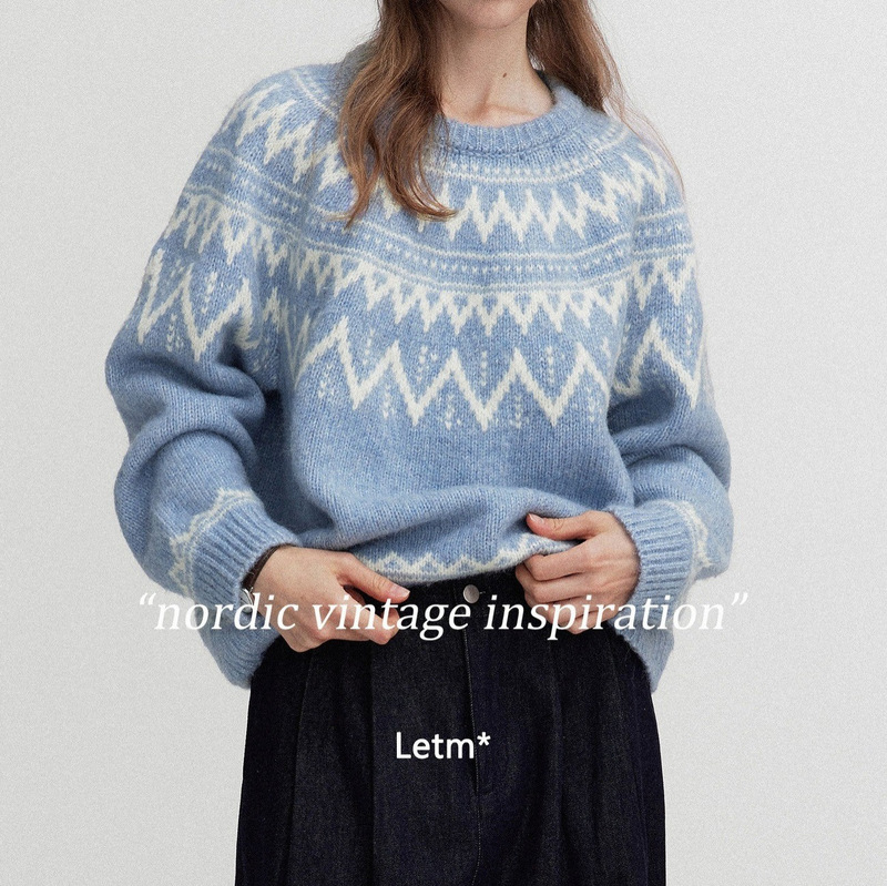Iceland Is Snowing' Retro Fluffy High Alpaca Geometric Plaid Fair Isle Crew Neck Sweater for Women