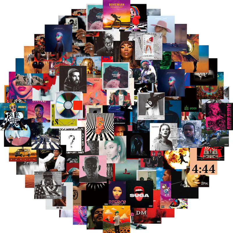 100 personalized cross-border cartoon European and American music CD cover peripheral creative DIY skateboard luggage stationery stickers