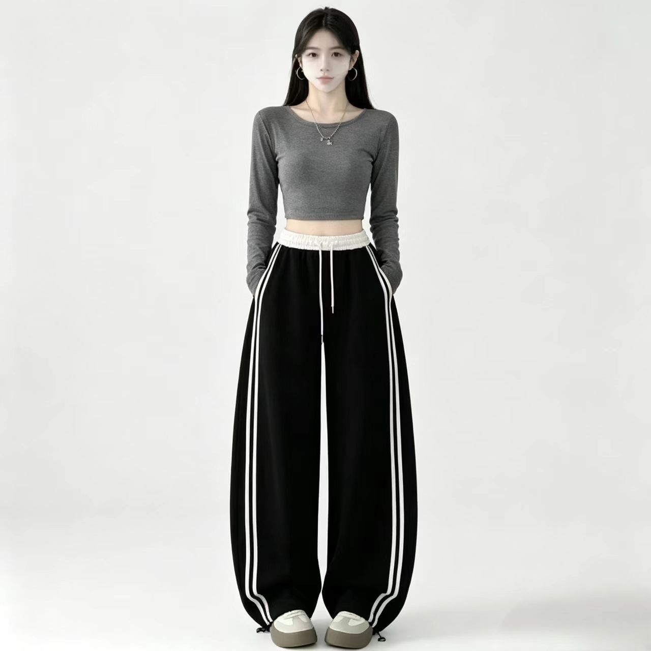 高腰显瘦条纹撞色阔腿弯刀裤2026秋季新款女宽松直筒拖地束脚长裤