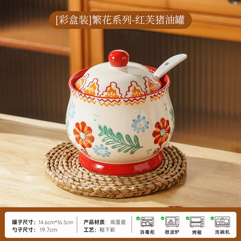 Porcelana pintada a mano esmaltada de color cerámico con sabor, grasa doméstica, grasa de cerdo con cuchara de cubierta, grasa de cerdo resistente a altas temperaturas