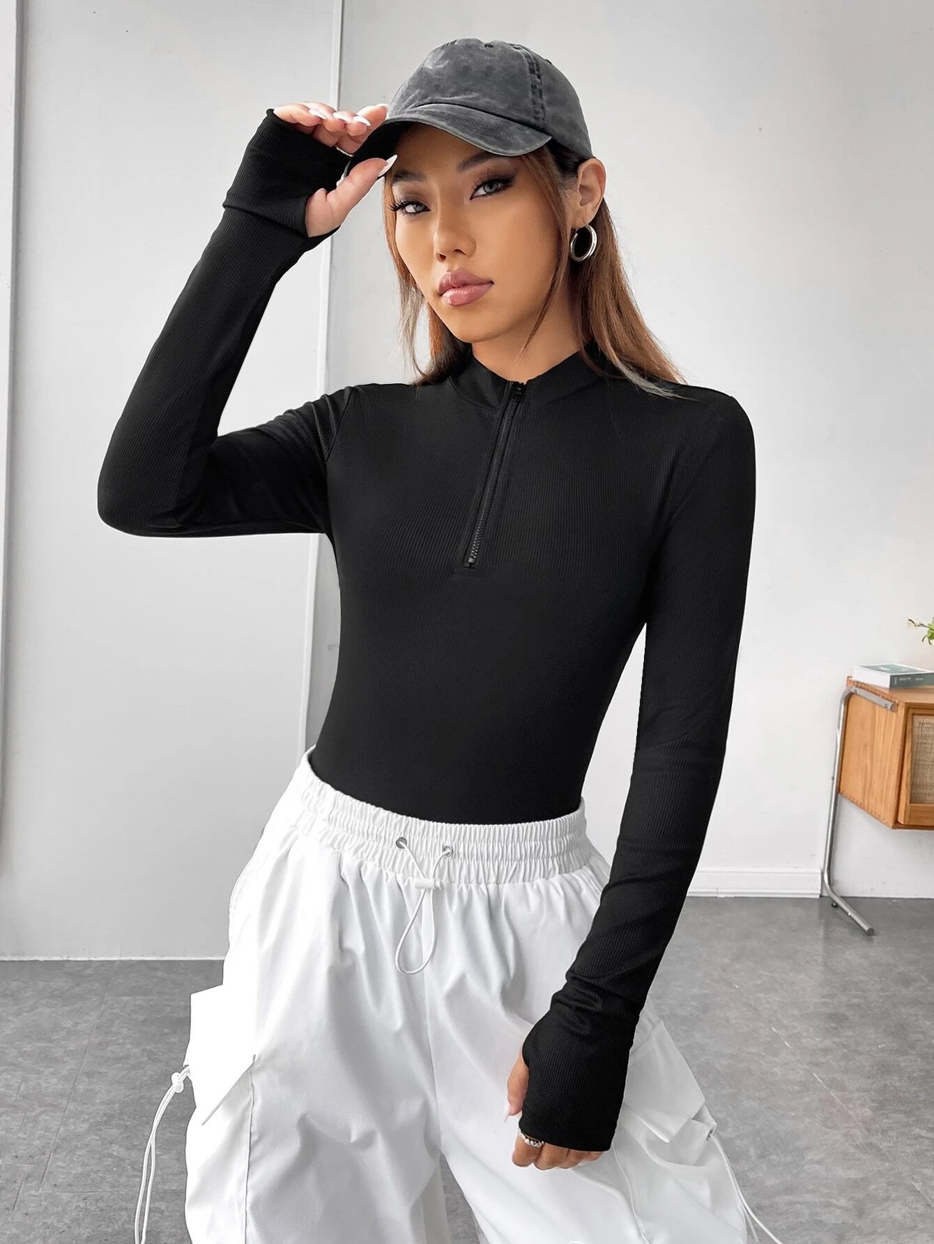 CHILLGIO Frauen Langarm Trend Body Sexy Zipper Stretch Engen Overall Sport Top Ein Stück Kombination Strampler Streetwear – Detail 5