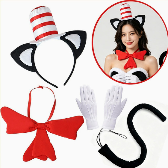 Dr. Seuss's Cat in the Hat Cosplay Set Red and White Striped High Hat Bow Tie Gloves Halloween Party Costume Dr. Seuss's Cat in the Hat Cosplay Set Red and White Striped High Hat Bow Tie Gloves Halloween Party Costume