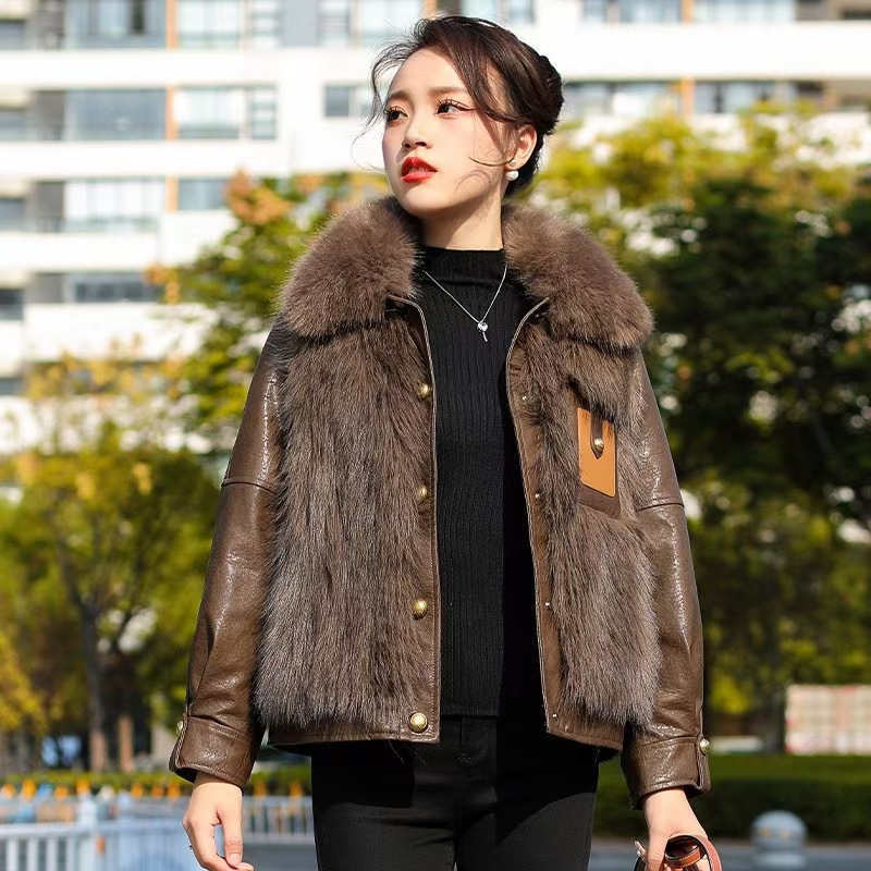 仿狐狸毛皮草皮衣女装皮毛一体加棉加厚时尚潮流外套上衣百搭保暖