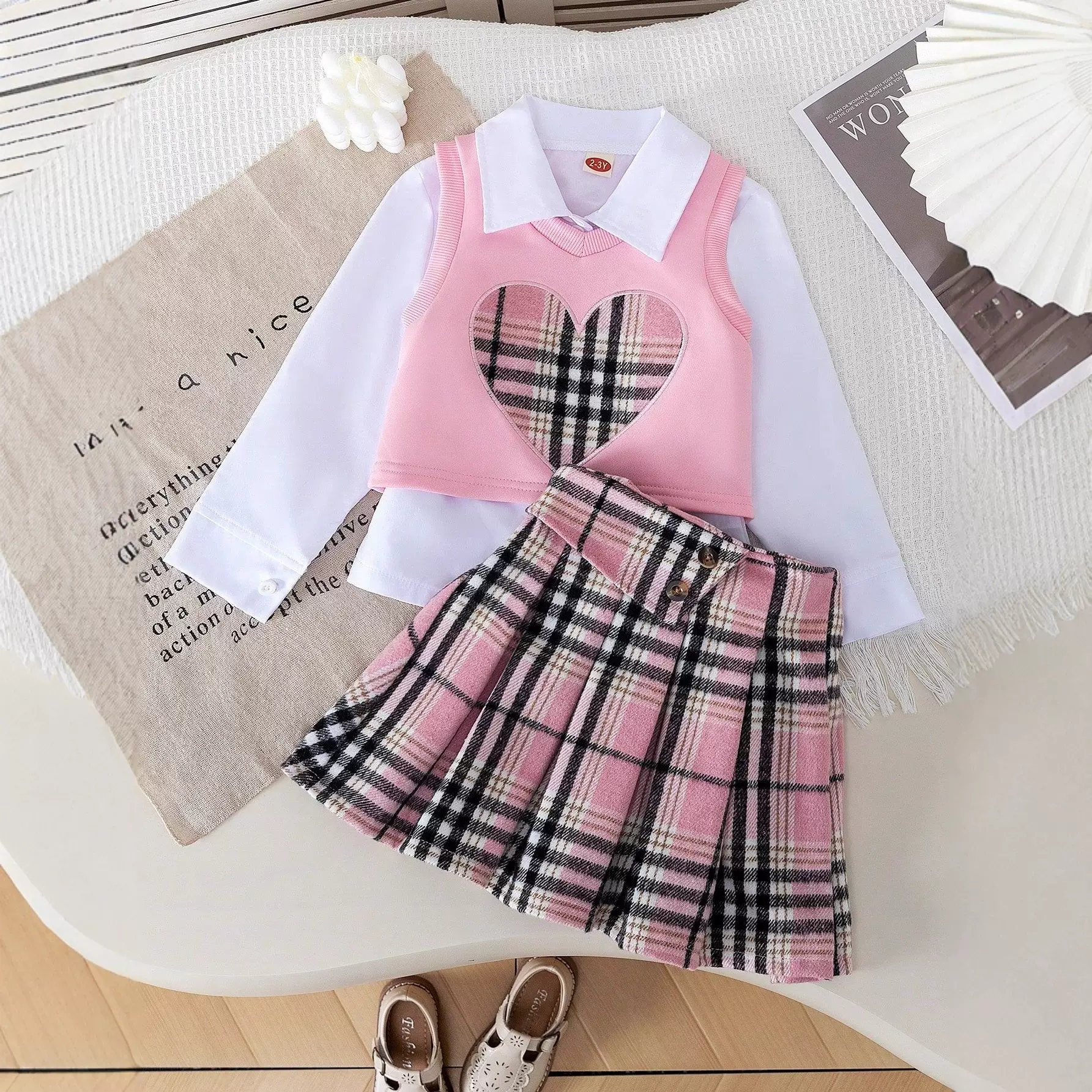 2025新款夏季跨境女童翻领衬衫格子拼接短裙三件套
