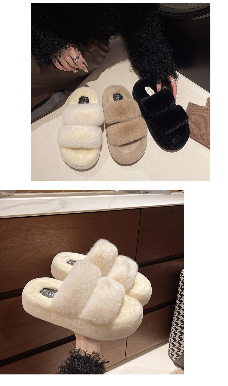 Open Toed Hairy Slippers For Women In Autumn And Winter, New Style For Outdoor Wear, Warm And Thick Soled, Double Straps, Outdoor Cotton Slippers_vogvips.com