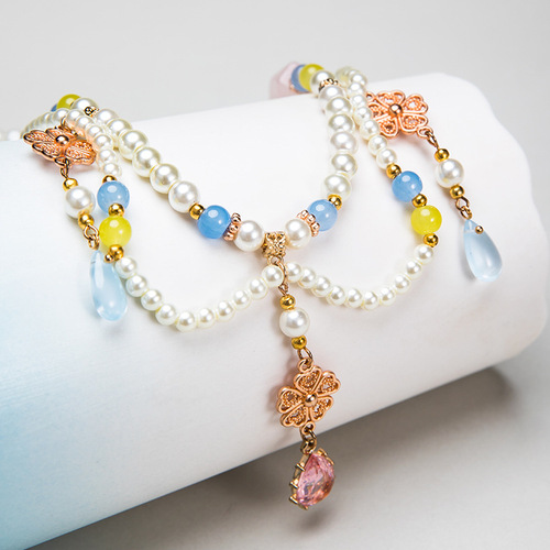 Ancient style soft pink crystal necklace, women's Hanfu accessories, glass pendant, Ming-made cheongsam, sweet jewelry 35GF214
