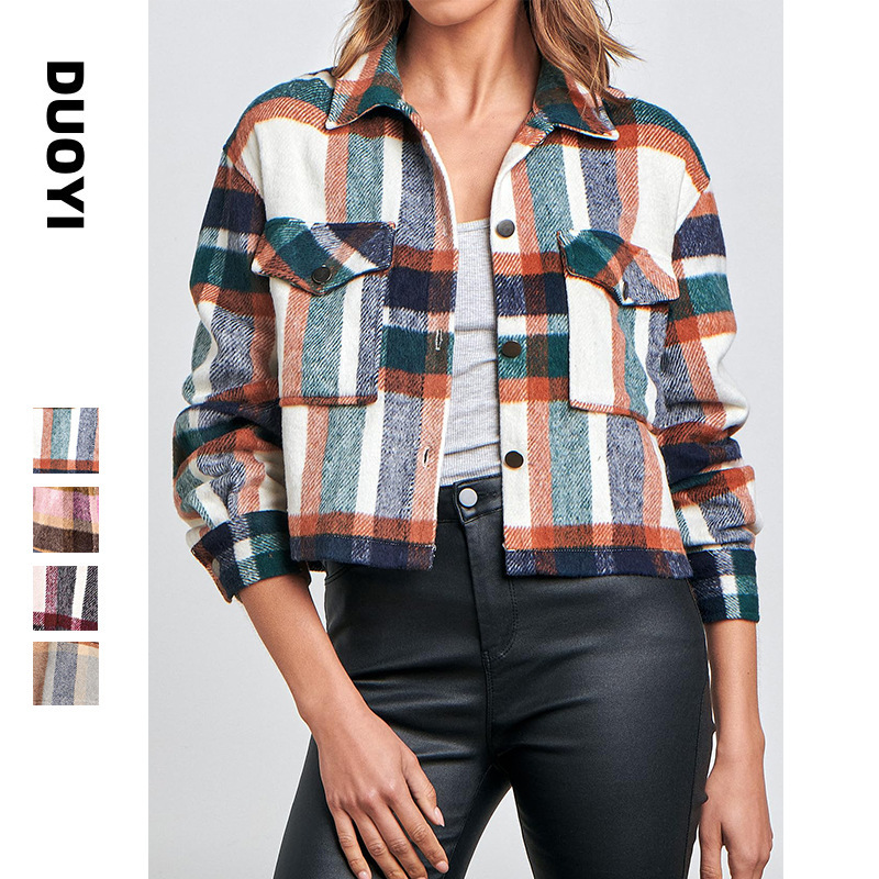 European and American Cross-Border Amazon Winter New Product Lapel Pocket Fashion Casual Short Women's Plaid Jacket European and American Cross-Border Amazon Winter New Product Lapel Pocket Fashion Casual Short Women's Plaid Jacket