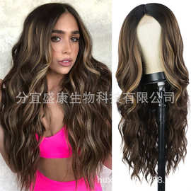 假发女欧美时尚黑棕色长卷发假发套自然中分跨境化纤假发头套wig