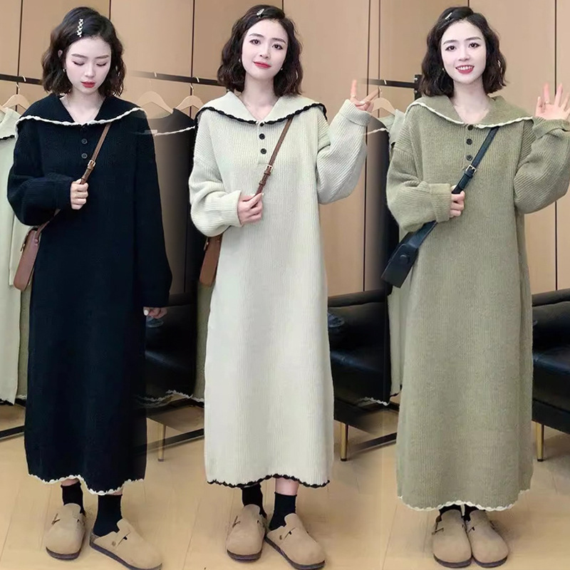 Maternity Dress Autumn and Winter 2026 New Style Patchwork Loose Plus Size Sweater Dress Knitted Sailor Collar Autumn Long Style