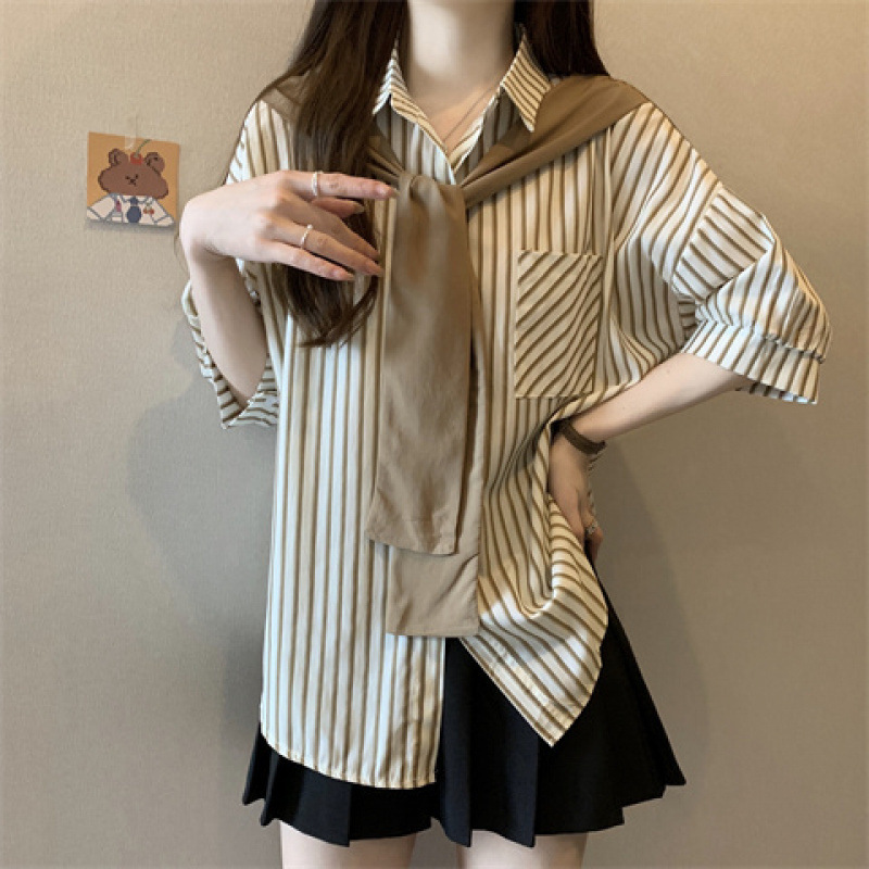 女士披肩假两件上衣女小个子衬衣2025年新款春季长袖条纹雪纺衬衫|undefined