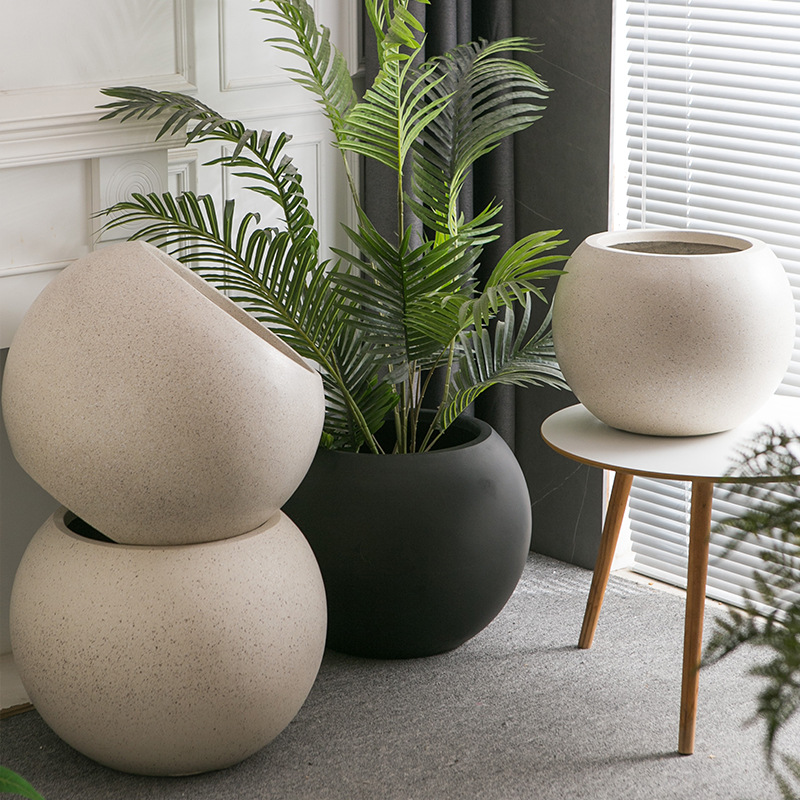 Maceta grande de suelo de barro de magnesio nórdico, decoración suave de bola redonda minimalista, sala de estar, casa de familia, centro comercial, decoración de villa