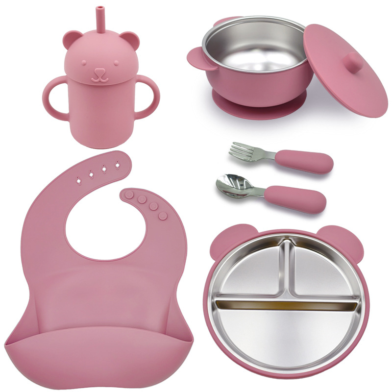 316L Stainless Steel Silicone Bowl, Stainless Steel Spoon and Fork, Breakfast Cup, Kidsren's Food Bowl, Baby Bowl, Anti-Scalding Mother and Baby Supplies