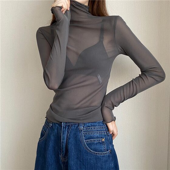 Slim-fit High Collar Long-sleeved Lace Base Shirt Women's Thin Mesh Top Spring and Autumn Black Ear-rimmed Shirt for Women