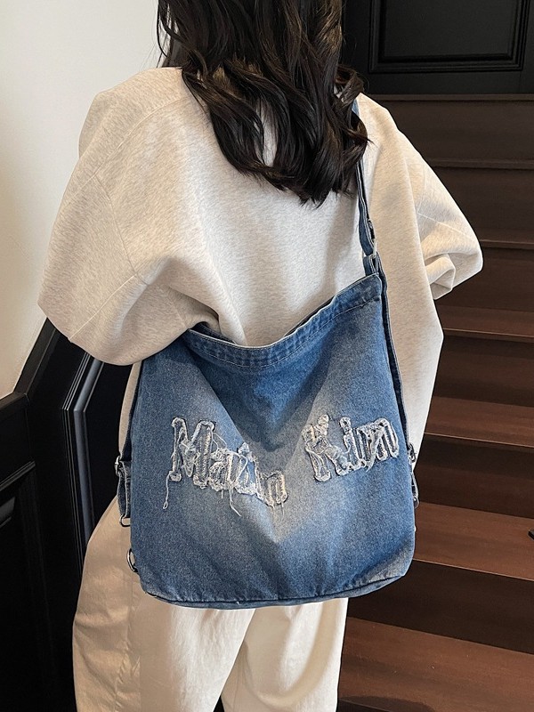 Bolsos para mujer 2025 nuevo estilo retro sin bordes lavados letras bordadas denim tote bag bolso de mensajero de viaje de gran capacidad